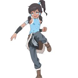 Rule 34 | 1girl, :d, aged down, avatar legends, blue shirt, boots, brown footwear, clenched hand, commentary, dark-skinned female, dark skin, english commentary, grey eyes, grey pants, hair tubes, high ponytail, highres, korra, ludo0109, open mouth, paid reward available, pants, pelt, shirt, simple background, sleeveless, sleeveless shirt, smile, solo, standing, standing on one leg, the legend of korra, upper body, v-shaped eyebrows, white background