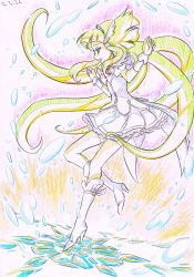 Rule 34 | 10s, 1girl, aoki reika, bike shorts, bike shorts under skirt, boots, color trace, cure beauty, gradient background, head wings, highres, itaoka1, long hair, magical girl, partially colored, precure, shorts, shorts under skirt, skirt, smile precure!, solo, tiara, traditional media, wings, wrist cuffs