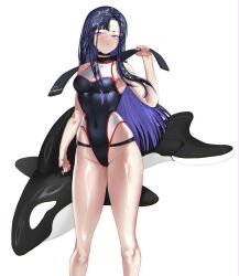 Rule 34 | 1girl, alternate costume, asymmetrical bangs, black hair, black one-piece swimsuit, blush, breasts, colored inner hair, eunhwa (nikke), forehead, goddess of victory: nikke, highres, holding, inflatable toy, long hair, medium breasts, mole, mole under mouth, multicolored hair, one-piece swimsuit, purple eyes, purple hair, red one-piece swimsuit, sakae nikebaraba, solo, swimsuit, thighs, white one-piece swimsuit