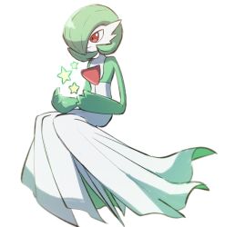 Rule 34 | closed mouth, colored skin, commentary request, creatures (company), game freak, gardevoir, gen 3 pokemon, green hair, morio (poke orio), nintendo, pokemon, pokemon (creature), red eyes, short hair, simple background, smile, solo, star (symbol), white background, white skin