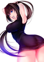 Rule 34 | 1girl, akeyama kitsune, alternate costume, aozaki aoko, arms behind head, arms up, ass, black sweater, blue eyes, breasts, brown hair, closed mouth, commentary request, hair between eyes, hair tie, hair tie in mouth, large breasts, long hair, looking at viewer, mahou tsukai no yoru, mouth hold, sidelocks, simple background, sleeveless, sleeveless sweater, smile, solo, sweater, thighs, turtleneck, turtleneck sweater, tying hair, very long hair, white background