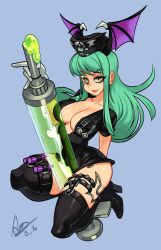 Rule 34 | 1girl, alex ahad, bags under eyes, bat wings, boots, breasts, cleavage, demon girl, green hair, hat, head wings, highres, holding, holding syringe, large breasts, large syringe, blue background, long hair, looking at viewer, morrigan aensland, nurse, nurse cap, official alternate color, official alternate costume, oversized object, parted lips, signature, solo, syringe, thigh boots, vampire (game), wings, yellow eyes