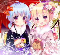Rule 34 | 2girls, :d, ahoge, bat wings, black kimono, black wings, blonde hair, blue hair, blush, bow, brown eyes, closed mouth, commentary request, crystal, double bun, ema, fang, flandre scarlet, floral print, fur collar, hair between eyes, hair bow, hair bun, holding, holding umbrella, japanese clothes, kimono, long sleeves, looking at viewer, multiple girls, new year, obi, oil-paper umbrella, open mouth, pinching sleeves, pink kimono, print bow, print kimono, purple bow, remilia scarlet, rikatan, sash, siblings, side bun, single side bun, sisters, smile, touhou, umbrella, wide sleeves, wings