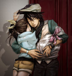 Rule 34 | 10s, 1boy, 1girl, age difference, bag, bracelet, brown eyes, brown hair, cabbie hat, closed eyes, facial hair, father and daughter, gift, hat, hetero, hug, jacket, jewelry, kaburagi kaede, kaburagi t. kotetsu, kiss, necktie, realistic, ring, short hair, shorts, side ponytail, striped clothes, striped thighhighs, stubble, thighhighs, tiger &amp; bunny, vest, waistcoat, wakadori, watch, wedding band, wristwatch, zettai ryouiki