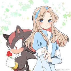 Rule 34 | 1boy, 1girl, animal ears, animal nose, artist name, black fur, blonde hair, blue dress, blue eyes, blue hairband, blue vest, blush, body fur, bracelet, breasts, closed mouth, dress, flower, furry, furry male, gloves, gold bracelet, green flower, hairband, hand up, hedgehog, hedgehog ears, hedgehog tail, highres, holding, holding flower, jewelry, kiwamimuneko2, long hair, long sleeves, looking at another, looking down, maria robotnik, medium breasts, multicolored hair, puffy short sleeves, puffy sleeves, red eyes, red flower, red fur, shadow the hedgehog, short sleeves, sidelocks, simple background, smile, sonic (series), standing, tail, two-tone hair, vest, white background, white gloves