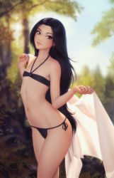 Rule 34 | 1girl, artist name, bare arms, bare shoulders, bikini, black bikini, black hair, brown eyes, collarbone, commentary, cowboy shot, day, earrings, flat chest, grass, highres, holding, holding towel, jewelry, light smile, lip piercing, long hair, looking at viewer, nature, navel, o-ring, o-ring bikini, original, outdoors, personal ami, piercing, side-tie bikini bottom, solo, stomach, swimsuit, thighs, towel, tree, very long hair