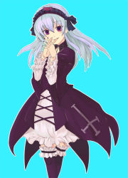 Rule 34 | 00s, 1girl, black dress, black thighhighs, cross-laced clothes, dress, frilled sleeves, frills, hairband, lolita hairband, long sleeves, looking at viewer, pink eyes, rozen maiden, sazame, silver hair, solo, standing, suigintou, thighhighs, zettai ryouiki