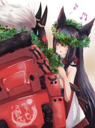 Rule 34 | 1girl, animal ears, artery gear, artery gear: fusion, black hair, closed eyes, commentary request, detached sleeves, fox ears, fur trim, happy, highres, hokuto (artery gear), komena (shinyday312), long hair, mask, musical note, non-humanoid robot, nontraditional miko, oni mask, open mouth, robot, sidelocks, solo, sweatdrop, very long hair, wide sleeves