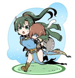 Rule 34 | 1boy, 1girl, boots, carrying, chibi, commentary request, detached sleeves, fainting, fire emblem, fire emblem: the blazing blade, full body, gloves, green eyes, green hair, high ponytail, highres, long hair, long sleeves, lyn (fire emblem), mark (fire emblem: the blazing blade), nakabayashi zun, nintendo, open mouth, pelvic curtain, piggyback, ponytail, running, short sleeves, side slit