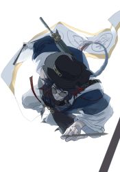Rule 34 | 1boy, arknights, black hat, blue hair, dark blue hair, facial hair, feet out of frame, from above, hand fan, hat, highres, holding, holding fan, jumping, light smile, long hair, male focus, mr. nothing (arknights), multicolored hair, red hair, rencanzaoganshiwusuo, sitting, solo, streaked hair, stubble, sunglasses, two-tone hair, white background
