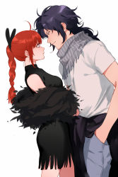 Rule 34 | 1boy, 1girl, alternate costume, bare shoulders, black dress, black hair, braid, breasts, casual, closed mouth, clothes around waist, contemporary, couple, cowboy shot, dress, eye contact, flipped hair, formal, fringe trim, from side, fur-trimmed shawl, fur trim, gintama, grey scarf, hand in pocket, hetero, jacket, jacket around waist, kouka (gintama), leaning back, leaning forward, light smile, long hair, looking at another, maosen, medium breasts, messy hair, profile, red hair, scarf, shawl, shirt, short dress, short sleeves, sidelocks, simple background, single braid, sleeveless, sleeveless dress, turtleneck, turtleneck dress, umibouzu (gintama), white background, white shirt