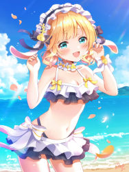 1girl :d animal_ears aqua_eyes beach bikini blonde_hair blush cowboy_shot day fake_animal_ears floppy_ears frilled_bikini frills gochuumon_wa_usagi_desu_ka? kirima_syaro mozukun43 multicolored_bikini multicolored_clothes navel ocean open_mouth rabbit_ears revision short_hair signature smile solo swimsuit