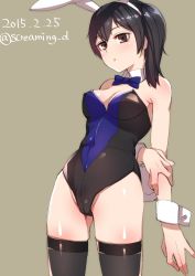 Rule 34 | 10s, 1girl, :o, alternate costume, animal ears, arm at side, arm behind back, bad id, bad twitter id, bare arms, bare shoulders, black hair, black leotard, black thighhighs, blue bow, blue bowtie, blush, bow, bowtie, breasts, brown eyes, cameltoe, cleavage, covered navel, dated, detached collar, fake animal ears, female focus, grey background, grey thighhighs, hand on own arm, highres, kaga (kancolle), kantai collection, kyuuso inukami, legs, leotard, looking at viewer, medium breasts, multicolored clothes, multicolored leotard, neck, playboy bunny, rabbit ears, rabbit tail, shiny skin, short hair, side ponytail, simple background, solo, standing, strapless, strapless leotard, tail, thighhighs, twitter username, white bunny ears, wrist cuffs