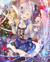 Rule 34 | 1girl, angel wings, black thighhighs, blue eyes, blush, breasts, christmas, christmas ornaments, christmas tree, cleavage, cross, cross necklace, falkyrie no monshou, hair ornament, hairclip, indoors, jewelry, large breasts, looking at viewer, natsumekinoko, necklace, official art, one eye closed, open mouth, short hair, silver hair, smile, solo, thighhighs, wings