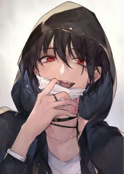 Rule 34 | 1boy, black hair, blood, blood on face, choker, collarbone, commentary request, formal, hair between eyes, highres, hood, hood up, hoodie, jewelry, long sleeves, looking at viewer, male focus, mask, mouth mask, open mouth, original, purin uni, red eyes, ring, shirt, short hair, simple background, smile, undershirt, white shirt