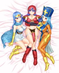 Rule 34 | 3girls, armor, bare shoulders, bikini armor, blue eyes, blue hair, blush, bodysuit, boots, breasts, cape, chunsoft, circlet, cleavage, dragon quest, dragon quest iii, dress, elbow gloves, enix, gloves, hat, helmet, large breasts, long hair, lying, mitre, multiple girls, on back, on side, priest (dq3), purple eyes, purple hair, red eyes, sage (dq3), short dress, skin tight, smile, soldier (dq3), st.germain-sal, strapless, strapless dress, thigh strap, winged helmet