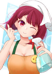 Rule 34 | 1girl, apron, arima kana, badge, bare shoulders, blunt bangs, blush, bob cut, bottle, breasts, cleavage, closed mouth, collarbone, commentary request, head tilt, highres, inverted bob, large breasts, looking at viewer, mashiroshiro, medium hair, naked apron, one eye closed, orange apron, oshi no ko, parted bangs, partial commentary, pieyon, red eyes, sideboob, smile, solo, sparkle, spray bottle, upper body, white headwear