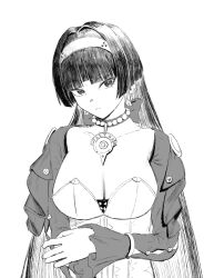 1girl astra_yao breasts choker cleavage earrings expressionless greyscale hairband highres hoooowl jewelry large_breasts long_hair looking_at_viewer mole mole_under_eye monochrome simple_background solo variant_set white_background zenless_zone_zero