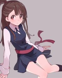 Rule 34 | 10s, 1girl, arm support, asymmetrical bangs, blush, brown eyes, brown hair, grey background, kagari atsuko, knees together feet apart, little witch academia, long hair, looking at viewer, ponytail, solo, sou (tuhut), vest