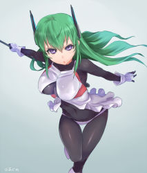 Rule 34 | 1girl, ajino (sakanahen), bodysuit, breasts, commentary request, covered erect nipples, fingerless gloves, gloves, gradient background, green hair, hair between eyes, headgear, large breasts, long hair, menou kaname (taishi), original, outstretched arms, purple eyes, solo, standing, thigh gap, white gloves