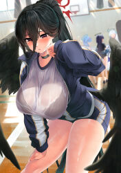 Rule 34 | 4girls, ako (track) (blue archive), basketball hoop, black bra, black choker, black hair, black wings, blue archive, blue shorts, blurry, blurry background, blush, bra, bra visible through clothes, breasts, choker, feathered wings, feet out of frame, gym shirt, gym uniform, hair between eyes, halo, hand on own thigh, hasumi (blue archive), hasumi (track) (blue archive), highres, huge breasts, indoors, jacket, kawai (purplrpouni), leaning forward, long bangs, long hair, multiple girls, noa (blue archive), ponytail, red eyes, red halo, shirt, shorts, solo focus, sweat, sweaty clothes, track jacket, underwear, very long hair, wet, wet clothes, wet shirt, wings, yuuka (blue archive), yuuka (track) (blue archive)