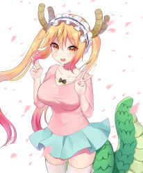 Rule 34 | 10s, 1girl, :d, absurdres, alternate costume, black bow, blonde hair, bow, breasts, casual, collarbone, commentary request, cowboy shot, double v, dragon girl, dragon horns, dragon tail, fang, frills, gradient eyes, gradient hair, hair between eyes, hands up, highres, horns, kobayashi-san chi no maidragon, large breasts, legs apart, long hair, looking at viewer, maid headdress, multicolored eyes, multicolored hair, open mouth, orange eyes, petals, pink hair, pink shirt, roro (shisi4656), scales, shirt, short sleeves, skindentation, sleeves past elbows, slit pupils, smile, solo, tail, thighhighs, tohru (maidragon), twintails, v, white thighhighs, yellow eyes