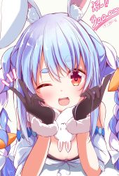 Rule 34 | 1girl, animal ears, black gloves, blue hair, braid, breasts, carrot hair ornament, cleavage, cropped, don-chan (usada pekora), food-themed hair ornament, fur-trimmed gloves, fur trim, gloves, hair ornament, head rest, highres, hololive, multicolored hair, nanaume (shichimi tougarashi), one eye closed, open mouth, orange eyes, rabbit ears, rabbit girl, raised eyebrow, small breasts, smile, solo, thick eyebrows, twin braids, two-tone hair, usada pekora, usada pekora (1st costume), virtual youtuber, white hair