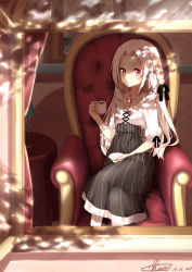 Rule 34 | 1girl, absurdres, alternate costume, alternate hairstyle, arm rest, armchair, artist name, black ribbon, black skirt, blouse, braid, chair, closed mouth, collarbone, crossed legs, cup, curtains, cyta celest, dated, expressionless, from outside, gem, glint, hair ribbon, hand on own thigh, hand up, high-waist skirt, highres, holding, holding cup, holding saucer, jewelry, lamp, light, long hair, long skirt, looking outside, necklace, pedestal, pendant, picture frame, puffy sleeves, red eyes, red gemstone, ribbon, ribbon-trimmed clothes, ribbon trim, saucer, shade, shadow, shirt, signature, sitting, skirt, solo, striped clothes, striped skirt, sunlight, through window, underbust, vertical-striped clothes, vertical-striped skirt, vittorio veneto (warship girls r), wallpaper (object), warship girls r, white hair, white shirt, window
