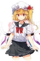 Rule 34 | 1girl, alternate costume, bad id, bad twitter id, black skirt, blonde hair, blush, bow, bowtie, closed mouth, cowboy shot, crystal, flandre scarlet, hair between eyes, hat, hat ribbon, highres, looking at viewer, mob cap, nervous, nervous smile, pointy ears, red bow, red bowtie, red eyes, red ribbon, ribbon, school uniform, short sleeves, side ponytail, skirt, smile, solo, suminagashi, touhou, wavy mouth, wings