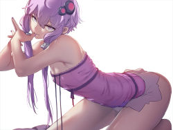 Rule 34 | 1girl, armpit peek, ass, at2., bare legs, bare shoulders, bent over, breasts, covered erect nipples, dress, fingers to mouth, from side, hair between eyes, hair ornament, hairpin, hands up, highres, kneeling, light purple hair, long hair, looking at viewer, nail polish, purple eyes, purple hair, purple nails, serious, short dress, short hair with long locks, sidelocks, simple background, small breasts, solo, strapless, strapless dress, striped clothes, striped dress, thighs, thumb to mouth, tube dress, vertical-striped clothes, vertical-striped dress, vocaloid, voiceroid, white background, yuzuki yukari
