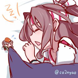 Rule 34 | &gt; &lt;, 10s, 2girls, blanket, brown hair, closed eyes, coco3186, fairy (kancolle), flying sweatdrops, hachimaki, headband, kantai collection, long hair, lowres, mini person, minigirl, multiple girls, open mouth, sleeping, suisei (kancolle), twitter username, upper body, zuihou (kancolle)