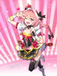 Rule 34 | 1boy, astolfo (fate), black thighhighs, braid, character name, fang, fate/grand order, fate (series), hair intakes, highres, lace, lace-trimmed legwear, lace trim, male focus, microphone, one eye closed, open mouth, pink background, redrop, single braid, solo, standing, standing on one leg, thighhighs, trap, v, v over eye