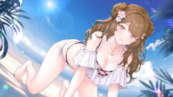 Rule 34 | absurdres, all fours, anklet, barefoot, beach, bikini, breasts, brown hair, cleavage, collarbone, commission, double bun, e (eokiba), flower, hair bun, hair flower, hair ornament, hanakago mare, highres, indie virtual youtuber, jewelry, large breasts, layered bikini, long hair, nature, necklace, side-tie bikini bottom, skeb commission, solo, star (symbol), star hair ornament, swimsuit, virtual youtuber, water