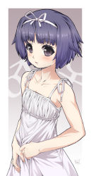Rule 34 | 1boy, bare arms, bare shoulders, brown eyes, collarbone, dress, gradient background, grey background, hairband, looking at viewer, male focus, mao (6r), mars symbol, original, parted lips, purple hair, short hair, signature, sleeveless, sleeveless dress, sundress, tareme, trap, upper body, venus symbol, white hairband