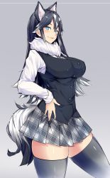 Rule 34 | 10s, 1girl, absurdres, animal ears, black hair, black thighhighs, black vest, blue eyes, blush, bonkiru, breasts, closed mouth, commentary request, dog ears, dog tail, from side, fur collar, gradient background, grey background, grey wolf (kemono friends), hair between eyes, hand on own hip, head tilt, highres, kemono friends, large breasts, long hair, long sleeves, looking at viewer, multicolored hair, necktie, original, plaid, plaid necktie, plaid neckwear, plaid skirt, pleated skirt, shirt, skindentation, skirt, smile, solo, tail, thighhighs, two-tone hair, very long hair, vest, white hair, white shirt