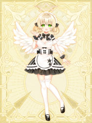 Rule 34 | 1girl, :d, apron, black bow, black dress, black footwear, blonde hair, blush, bow, breasts, cleavage, copyright request, dress, feathered wings, frilled apron, frills, full body, green eyes, hair between eyes, hair intakes, halo, hand up, maid, maid headdress, medium breasts, open mouth, shikito (yawa0w0), shoes, short sleeves, smile, solo, standing, standing on one leg, star (symbol), thighhighs, white apron, white thighhighs, white wings, wings, wrist cuffs