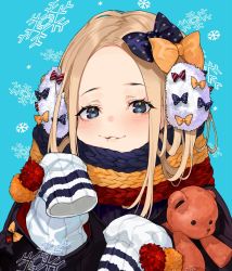 Rule 34 | 1girl, abigail williams (fate), black bow, blonde hair, blue background, blue eyes, bow, commentary request, fate/grand order, fate (series), hair bow, highres, holding, holding stuffed toy, long hair, looking at viewer, multiple hair bows, orange bow, parted lips, polka dot, polka dot bow, scarf, sleeves past fingers, sleeves past wrists, snowflakes, solo, stuffed animal, stuffed toy, teddy bear, upper body, yuu (higashi no penguin)