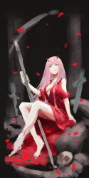 Rule 34 | 1girl, :p, absurdres, bare legs, barefoot, breasts, cleavage, cross, darling in the franxx, dress, eyeshadow, green eyes, highres, holding, holding scythe, horns, jewelry, latin cross, long hair, looking at viewer, makeup, medium breasts, necklace, pink hair, red dress, runemill, scythe, sitting, sketch, skull, smile, solo, tombstone, tongue, tongue out, zero two (darling in the franxx)