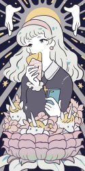 Rule 34 | 1girl, blonde hair, cellphone, collared shirt, creature, cross, cross necklace, earrings, eating, flower, food, hairband, halo, halo behind head, hasuimo, highres, holding, holding food, holding phone, jewelry, latin cross, long hair, long sleeves, necklace, original, phone, pink flower, religion, shirt, smartphone, solo focus, unicorn, upper body