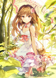 Rule 34 | 1boy, bag, bow, brown eyes, brown hair, day, detexted, dress, flower, forest, frilled dress, frills, gilse, hair flower, hair ornament, handbag, in water, looking at viewer, male focus, nature, neck garter, outdoors, parasol, plant, qurare magic library, shallow water, shoes, unworn shoes, solo, standing, third-party edit, trap, umbrella, wading, water