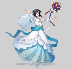 Rule 34 | 1girl, black hair, blue dress, bouquet, breasts, bridal veil, bride, cleavage, dress, fire emblem, fire emblem engage, fire emblem heroes, flower, freestyle18, full body, hair between eyes, hair ornament, jewelry, long sleeves, looking at viewer, nel (fire emblem), nel (stoic bride) (fire emblem), nintendo, official alternate costume, open mouth, red eyes, short hair, smile, strapless, strapless dress, two-tone dress, veil, wedding dress, white dress
