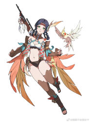 Rule 34 | 1girl, bird, black hair, blue feathers, blue nails, braid, breasts, brown feathers, cleavage, cockatiel, earrings, feather earrings, feather hair ornament, feathers, full body, green eyes, gun, hair ornament, headband, highres, huahua buru dangqiuqian, jewelry, looking at viewer, midriff, native american, native american clothes, navel, original, parrot, parted lips, pink feathers, pointy ears, shotgun, simple background, small breasts, solo, traditional clothes, twin braids, weapon, weapon behind back, weibo logo, weibo watermark, white background