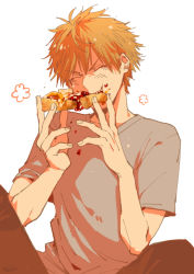 Rule 34 | 1boy, brown pants, chainsaw man, closed eyes, denji (chainsaw man), dirty, dirty face, eating, food, food on face, grey shirt, hair between eyes, holding, holding food, male focus, nair (mindcreator), orange hair, pants, pie, shirt, short hair, solo, t-shirt, upper body, white background