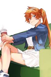 Rule 34 | 1girl, alternate costume, belt, blue jacket, boku no hero academia, brown belt, brown eyes, coffee cup, commentary, couch, crossed legs, cup, disposable cup, highres, holding, holding cup, jacket, kendou itsuka, light smile, long hair, looking at viewer, nishino (fetv8484), on couch, orange hair, shirt, side ponytail, sitting, skirt, solo, symbol-only commentary, white background, white shirt, white skirt