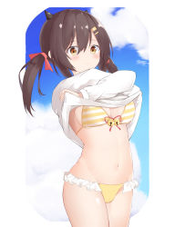 Rule 34 | 1girl, absurdres, azur lane, bell, bikini, bikini under clothes, blue sky, blush, breasts, brown eyes, brown hair, cleavage, closed mouth, cloud, commentary request, day, frilled bikini, frills, groin, hair between eyes, hair ornament, hair ribbon, hairclip, highres, horse, jingle bell, long sleeves, looking at viewer, medium breasts, nagara (azur lane), navel, red ribbon, ribbon, roido (taniko-t-1218), shirt, sky, solo, striped bikini, striped bikini top, striped clothes, swimsuit, twintails, undressing, white shirt, yellow bikini
