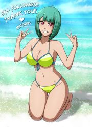 Rule 34 | 1girl, absurdres, artist request, beach, bikini, breasts, character request, cleavage, double v, feet, green bikini, green hair, grin, heart, highres, kneeling, large breasts, legs, looking at viewer, navel, ocean, red eyes, short hair, smile, solo, swimsuit, thighs, v, water