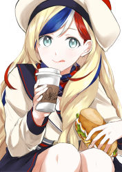 Rule 34 | 1girl, :q, absurdres, black skirt, blonde hair, blue eyes, blue hair, blush, closed mouth, commandant teste (kancolle), cup, food, has bad revision, hat, highres, holding, holding cup, holding food, kantai collection, knees, lips, long hair, long sleeves, looking at viewer, morinaga miki, multicolored clothes, multicolored hair, multicolored scarf, plaid, plaid scarf, red hair, sailor collar, sandwich, scarf, signature, simple background, skirt, solo, squatting, streaked hair, tareme, tongue, tongue out, upper body, very long hair, white background, white hair, white hat