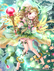 Rule 34 | 1girl, :d, angel, anklet, bad id, bad pixiv id, barefoot, blonde hair, blush, breasts, bush, cleavage, dress, flower, hair flower, hair ornament, halo, jewelry, long hair, medium breasts, minaki emi, open mouth, plant, purple eyes, smile, solo, sparkle, staff, tower of dragon, very long hair, vines, wings