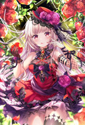 Rule 34 | 1girl, :q, absurdres, apple, asymmetrical gloves, bare shoulders, black bow, blunt bangs, bow, breasts, brown gloves, closed mouth, cowboy shot, dress, fishnets, flower, food, fruit, gloves, hand up, hat, highres, holding, holding food, holding fruit, lace trim, liver city, long hair, looking at viewer, medium breasts, mismatched gloves, nail polish, red dress, red eyes, red flower, red hat, rose, sakura moyon, silver hair, single thighhigh, sleeveless, sleeveless dress, smile, solo, standing, thighhighs, tongue, tongue out, v, very long hair