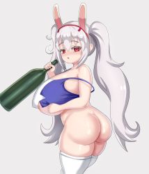 Rule 34 | 1girl, :o, alternate breast size, animal ears, areola slip, ass, azur lane, blush, bottle, bottomless, breasts, camisole, crop top, fake animal ears, grey hair, hairband, highres, huge breasts, laffey (azur lane), long hair, looking back, nav (itsnav), plump, rabbit ears, red eyes, saliva, saliva trail, shortstack, sideboob, simple background, skindentation, solo, thick thighs, thighhighs, thighs, twintails, underboob, very long hair, white background, white thighhighs, wine bottle